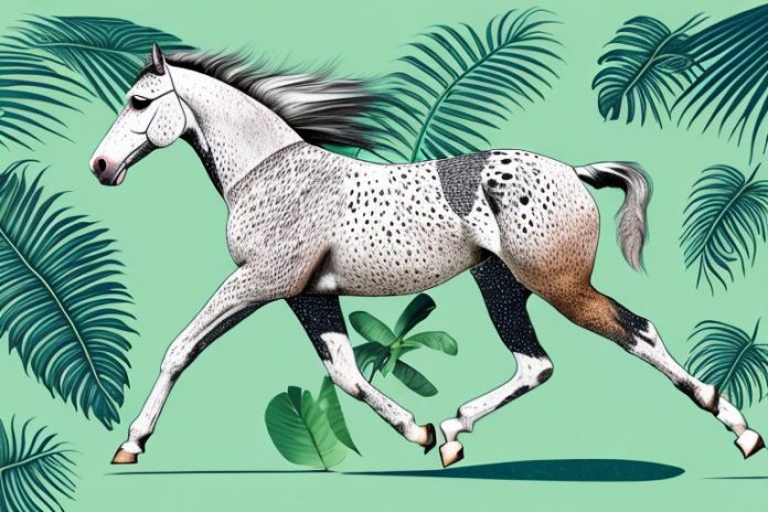 An appaloosa horse galloping through a tropical landscape in tongaat