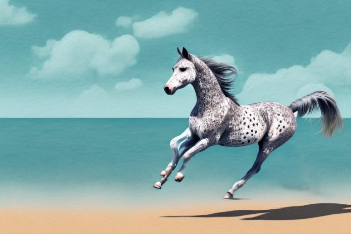 An appaloosa horse galloping along a beach in margate