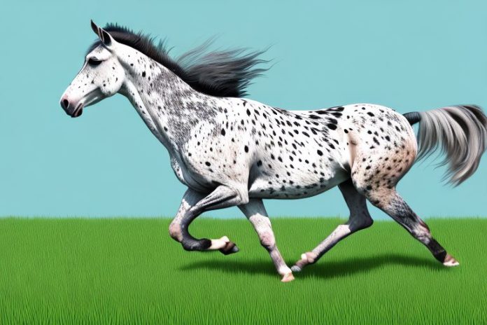 An appaloosa horse galloping through a grassy field in westville