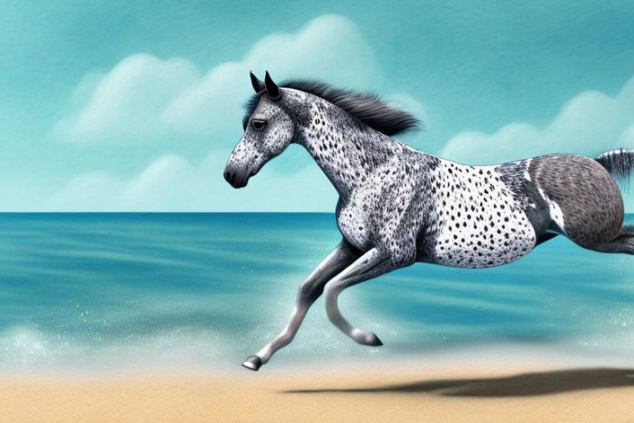 An appaloosa horse galloping along a beach in ballito