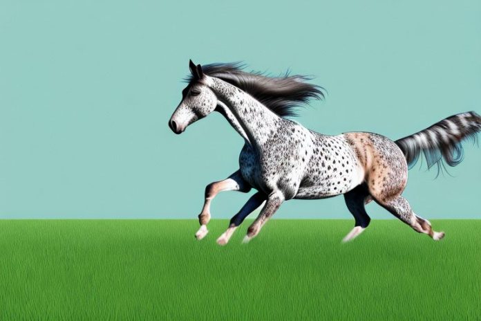 An appaloosa horse galloping through a grassy landscape in uitenhage