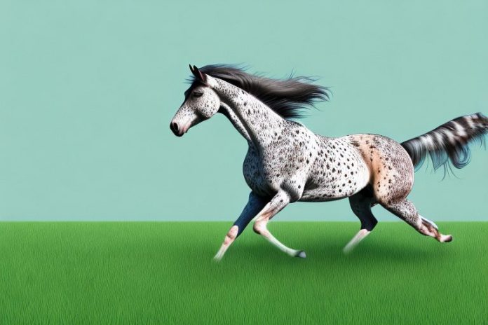An appaloosa horse galloping through a grassy landscape in bisho