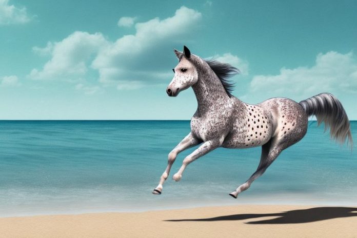 An appaloosa horse galloping along a beach in port alfred