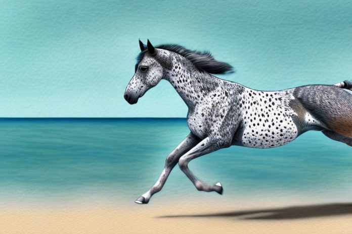 An appaloosa horse galloping along a beach in jeffreys bay