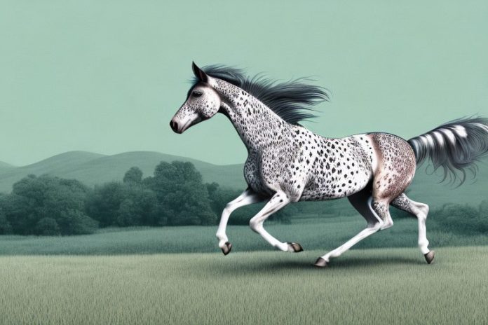 An appaloosa horse galloping in a rural landscape