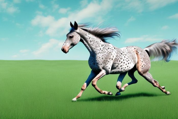 An appaloosa horse galloping through a grassy field in parys