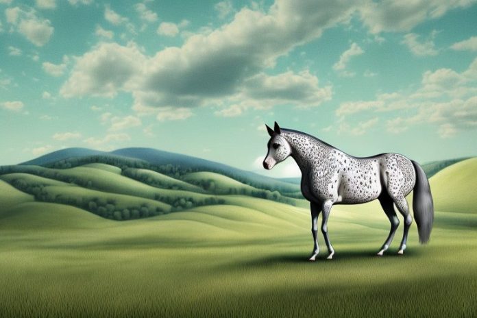 An appaloosa horse in a rural landscape with rolling hills