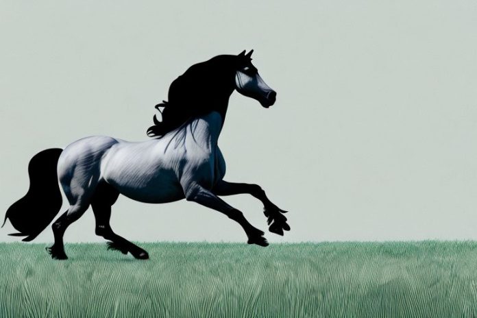 A friesian horse galloping in a field in newcastle