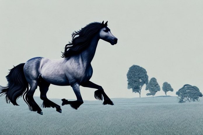 A friesian horse galloping through a rural landscape near ladysmith