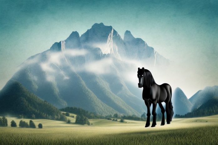 A friesian horse in a rural setting