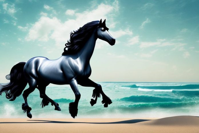 A friesian horse galloping through a beach landscape in amanzimtoti