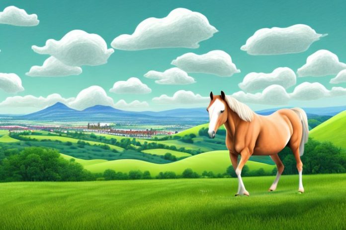 A horse in a landscape of rolling hills