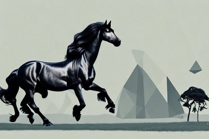 A friesian horse galloping through a rural landscape in port shepstone