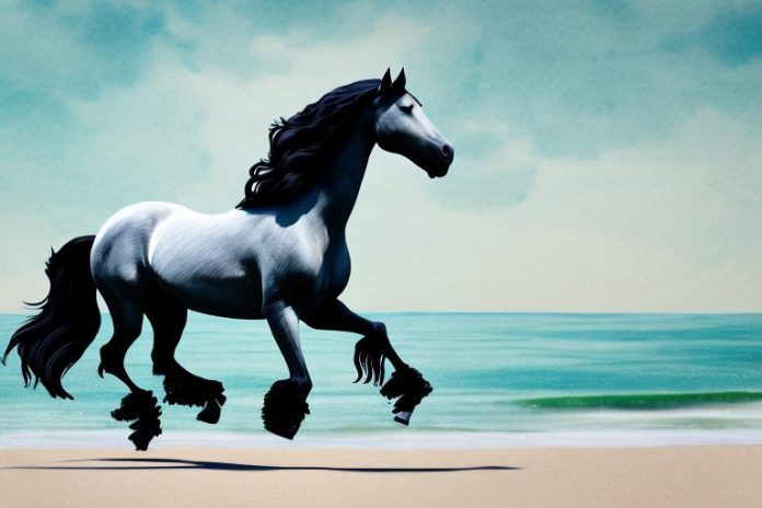 A friesian horse galloping along a beach in margate