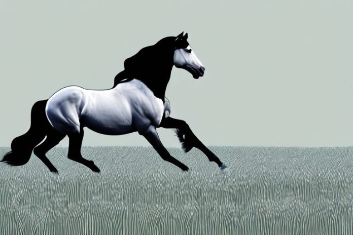 A friesian horse galloping through a field in westville