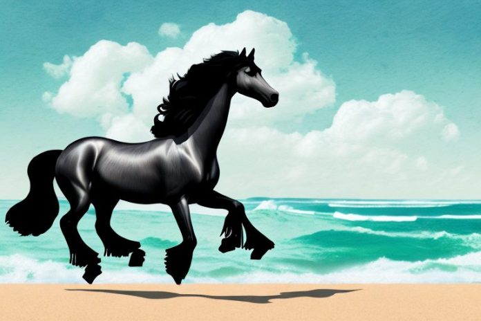 A friesian horse galloping on a beach in ballito