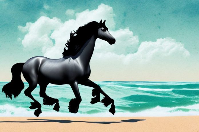 A friesian horse galloping along the beach in umhlanga