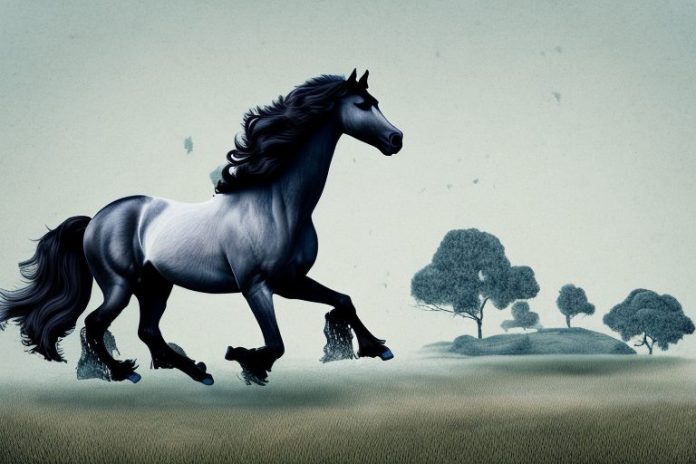 A friesian horse galloping through a rural landscape in mthatha