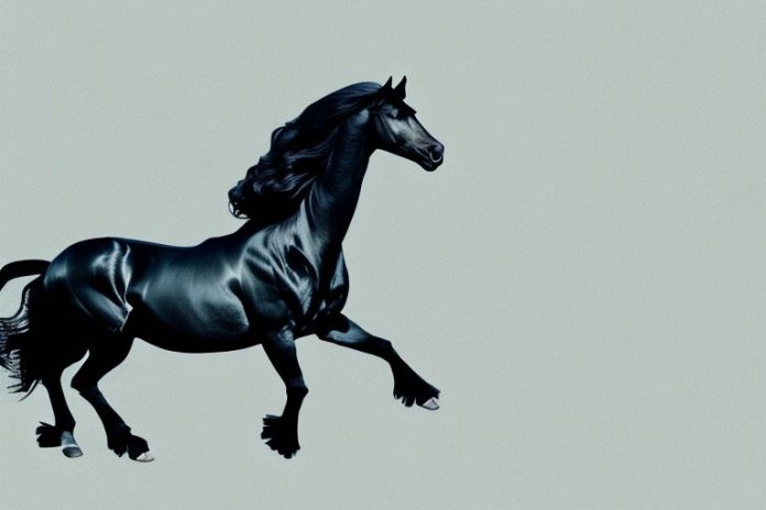 A friesian horse galloping through a scenic east london landscape