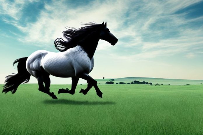 A friesian horse galloping through a grassy landscape in the eastern cape