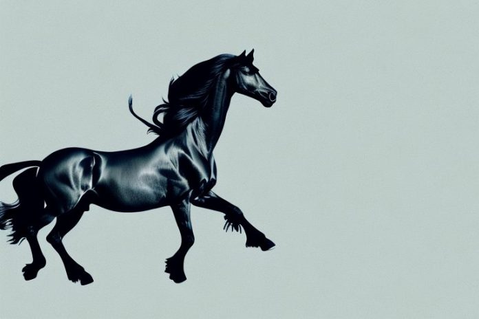 A friesian horse galloping through the countryside of queenstown