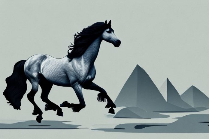 A friesian horse galloping through a scenic landscape in port elizabeth