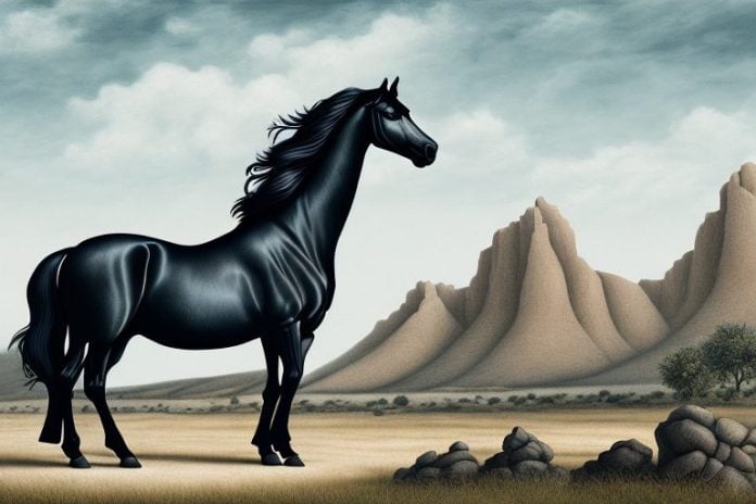A friesian horse in a landscape of graaff-reinet