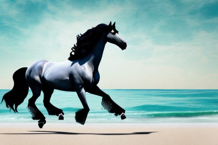 A friesian horse galloping along a beach in port alfred