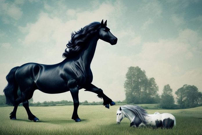 A friesian horse being ridden in a rural landscape