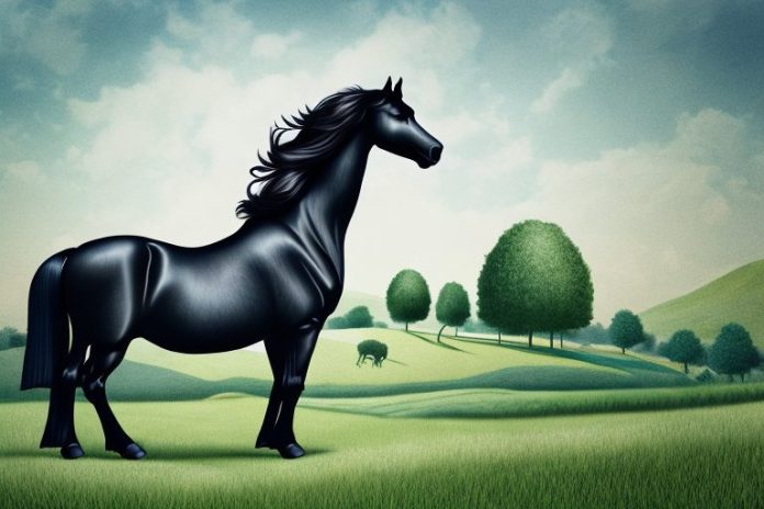 A friesian horse in a rural setting