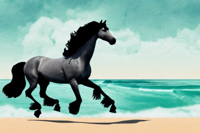 A friesian horse galloping along a beach in jeffreys bay