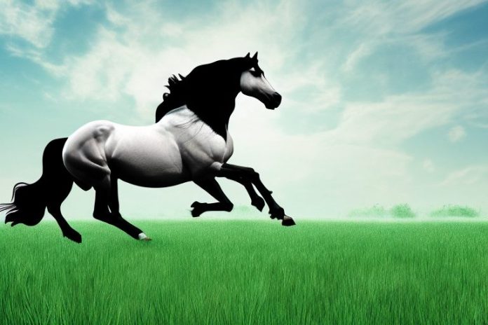 A friesian horse galloping through a grassy field in the free state