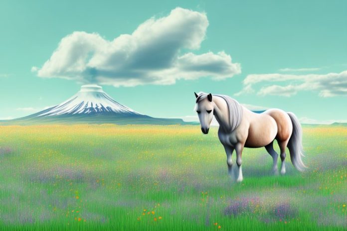 A horse in a field of icelandic wildflowers