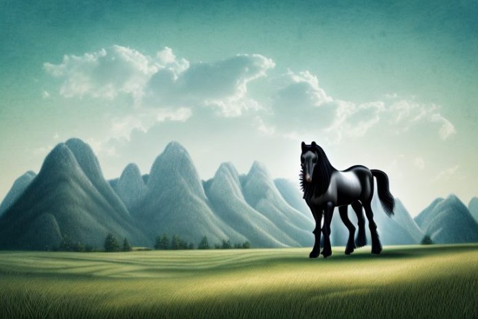 A friesian horse in a rural landscape