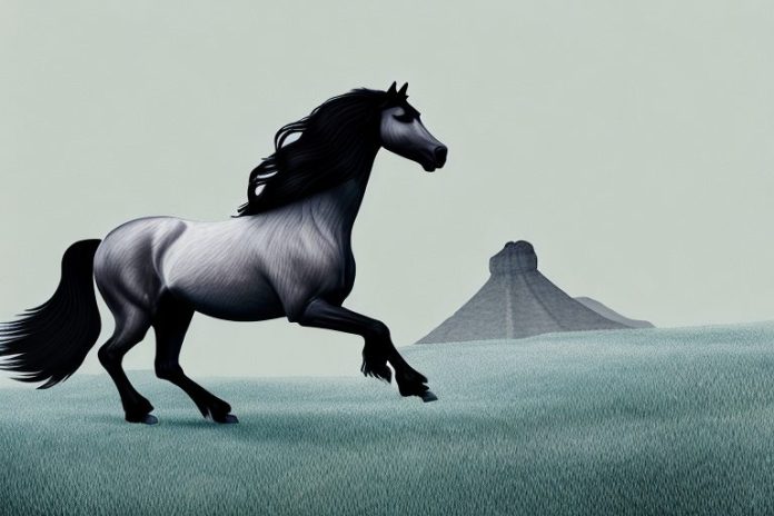 A friesian horse galloping through a rural landscape in harrismith