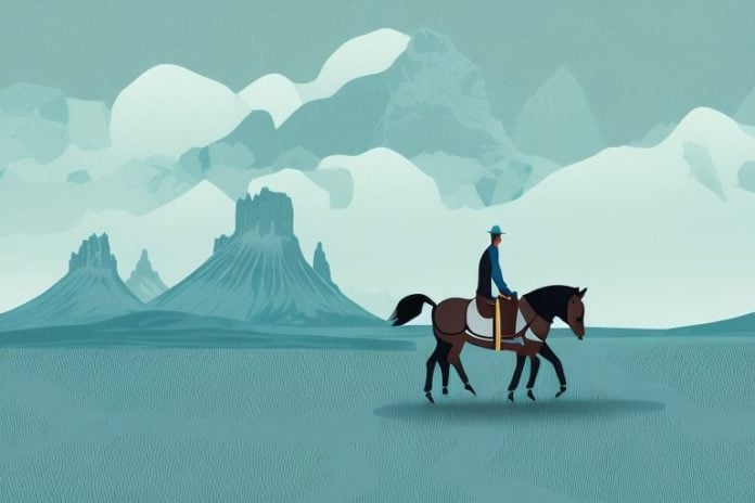 A horse and rider in a scenic icelandic landscape