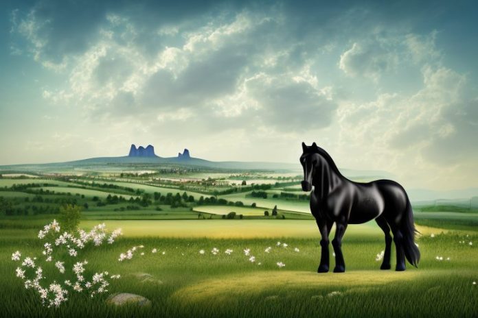 A friesian horse in a rural setting
