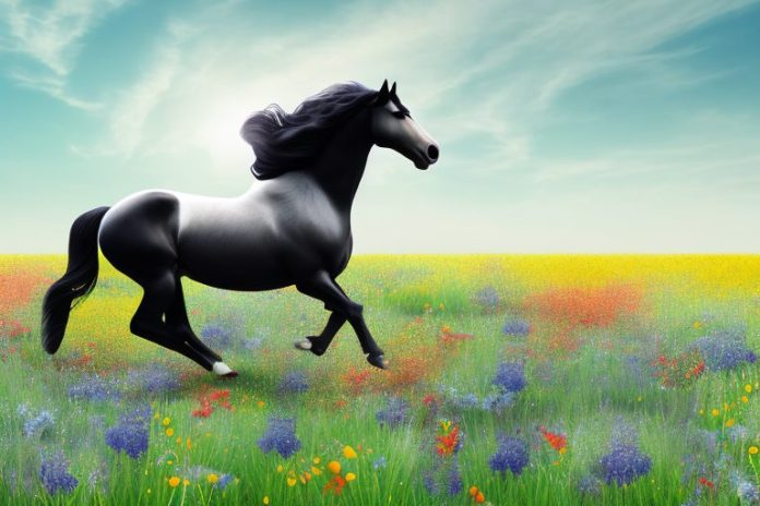 A friesian horse galloping through a field of wildflowers in centurion