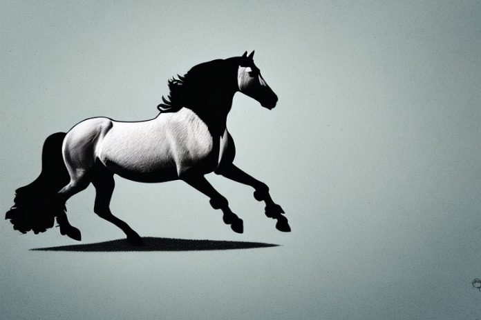 A friesian horse galloping in a rural landscape