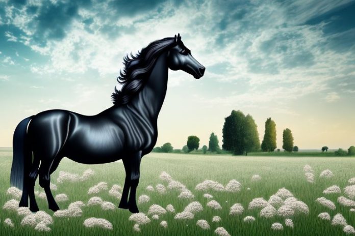 A friesian horse in a field with a vereeniging landscape in the background