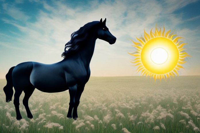 A friesian horse in a field