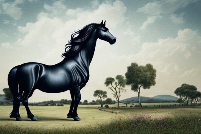 A friesian horse in a rural landscape in limpopo