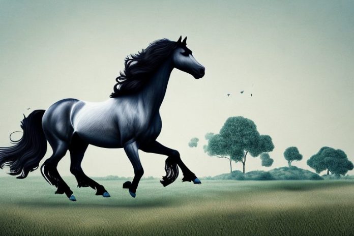 A friesian horse galloping through a rural landscape in thohoyandou