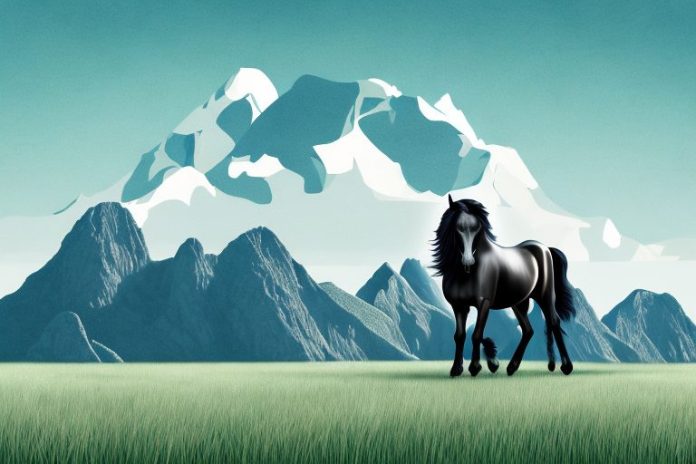 A friesian horse in a field
