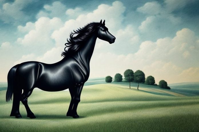 A friesian horse in a rural setting