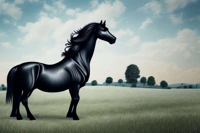 A friesian horse in a rural setting