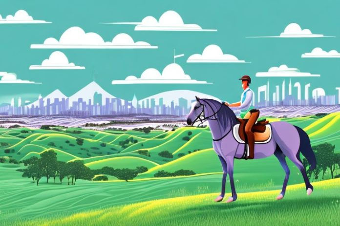 A horse and rider in a landscape of rolling hills