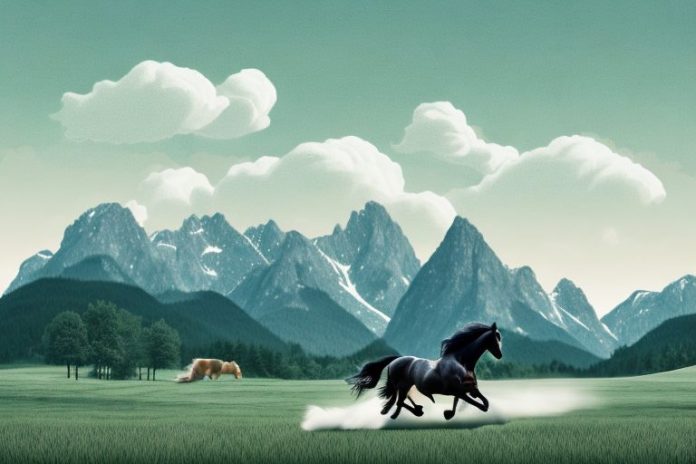 A friesian horse galloping in a rural landscape with mountains in the background
