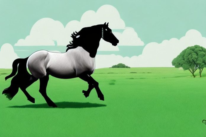 A friesian horse galloping through a lush green landscape in giyani