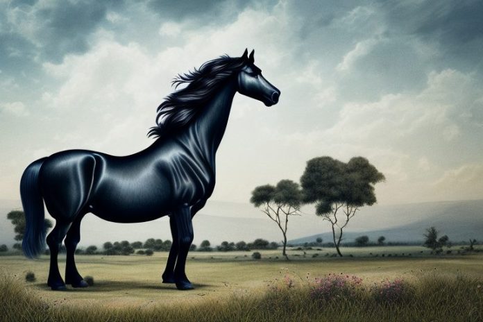 A friesian horse in a rural landscape in mpumalanga